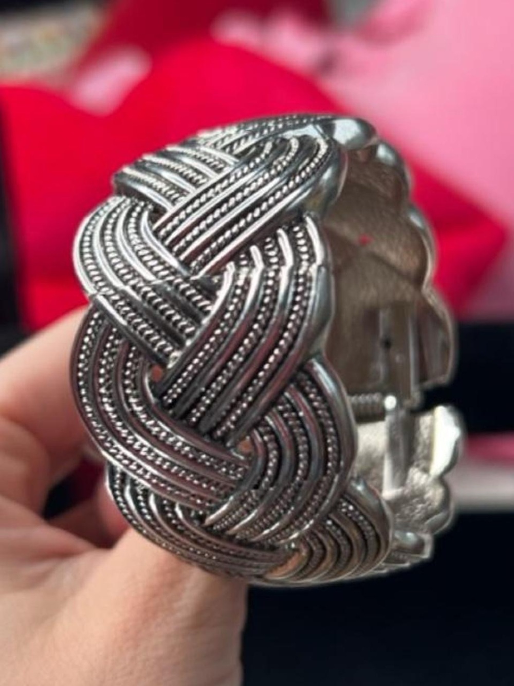 Chunky Silver tone hinged clamp bangle bracelet with braided design